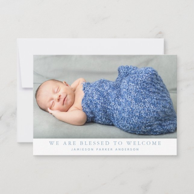 Blue We Are Blessed Photo Collage Baby Boy Birth Announcement (Front)