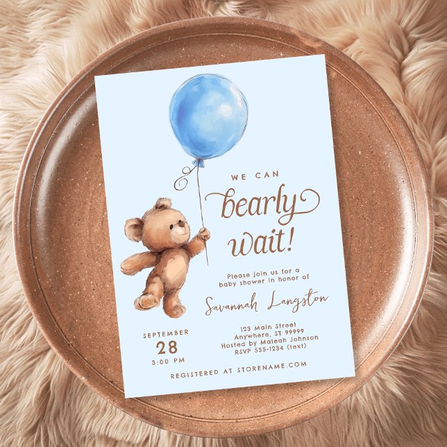 Blue We Can Bearly Wait Baby Shower Invitation (Creator Uploaded)