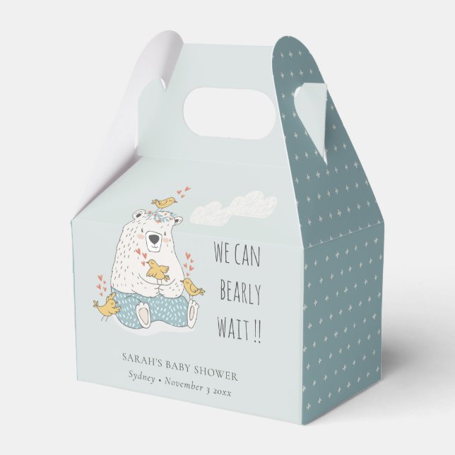 Blue We Can Bearly Wait Bear Birds Baby Shower Favour Box (Front Side)