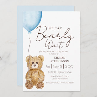 Blue We Can Bearly Wait Boy Baby Shower Invitation