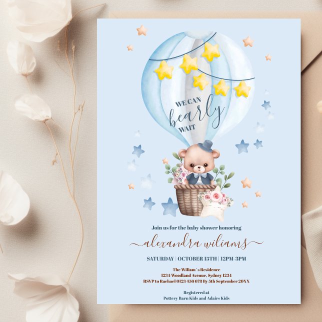 Blue We Can Bearly Wait Boy Baby Shower Invitation (Creator Uploaded)