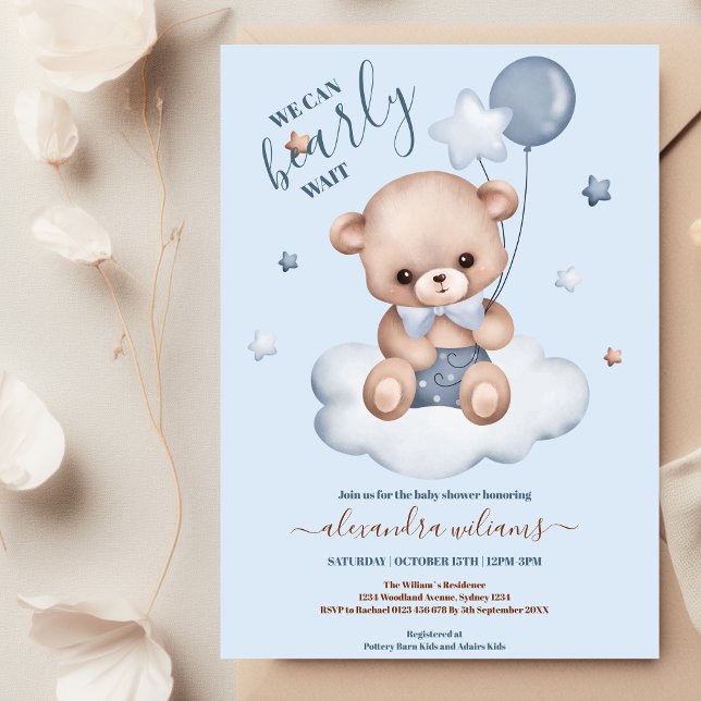 Blue We Can Bearly Wait Boy Baby Shower Invitation (Creator Uploaded)