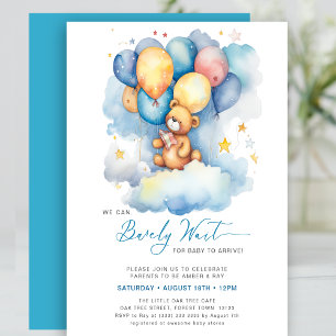 Blue We Can Bearly Wait Cute Boy Baby Shower Invitation