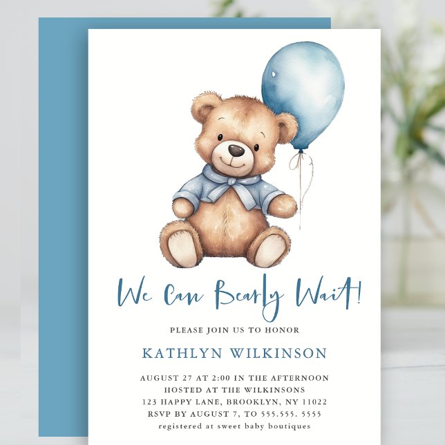 Blue We Can Bearly Wait Cute Boy Baby Shower Invitation (Creator Uploaded)
