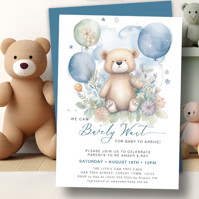 Blue We Can Bearly Wait Cute Boy Baby Shower Invitation (Creator Uploaded)
