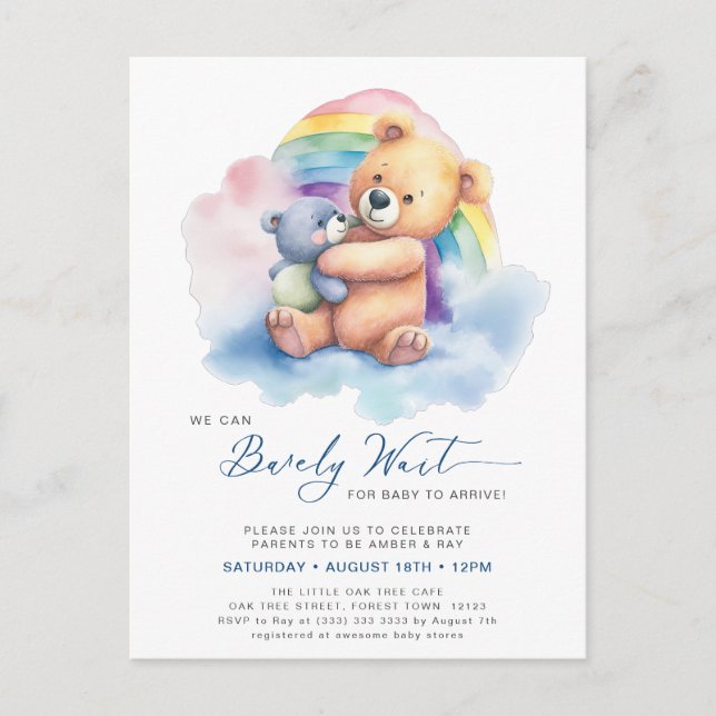 Blue We Can Bearly Wait Cute Boy Baby Shower Invitation Postcard (Front)