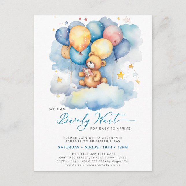 Blue We Can Bearly Wait Cute Boy Baby Shower Invitation Postcard (Front)