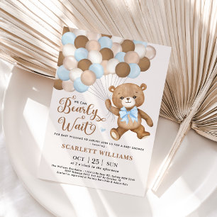 Blue We Can Bearly Wait Teddy Bear Baby Shower Invitation