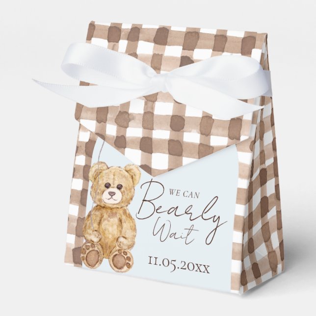 Blue We Can Bearly Wait Teddy Bear Boy Baby Shower Favour Box (Front Side)