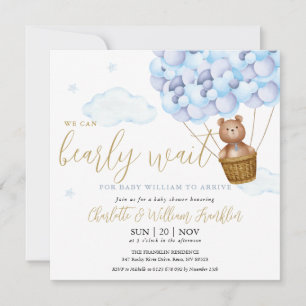 Blue We Can Bearly Wait Teddy Bear Boy Baby Shower Invitation
