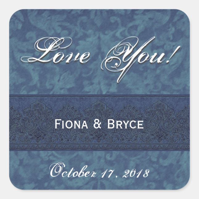 Blue Wedding Bride Groom Damask Square Sticker (Front)