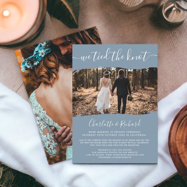 Blue wedding elopement tied the knot photo announcement (Blue wedding elopement tied the knot photo announcement)
