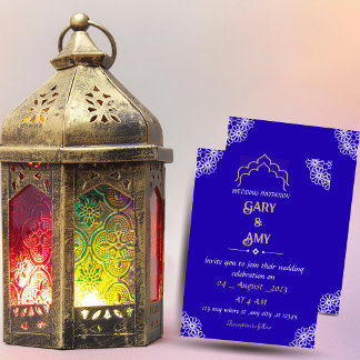 Blue wedding invitation with Arabic ornament