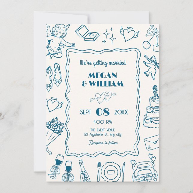 Blue Wedding line art sketch fun  Invitation (Front)