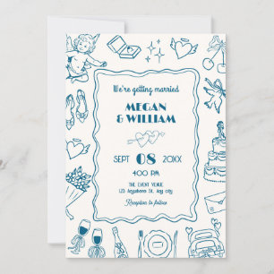 Blue Wedding line art sketch fun Invitation