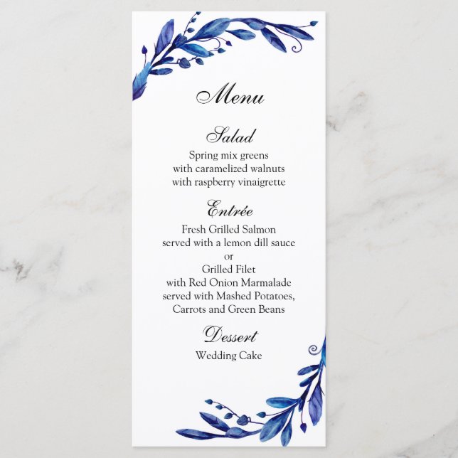 Blue wedding menu botanical. Winter dinner menu (Front)