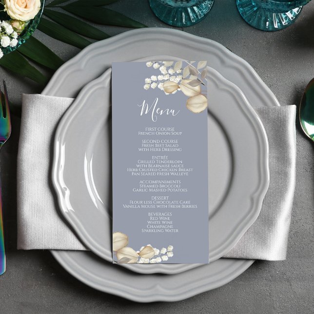 Blue Wedding Menu Calligraphy Floral (Wedding menu card with calligraphy script and elegant foliage.)