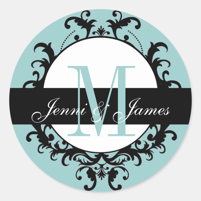 Blue Wedding Monogram Names Ornate Label (Front)