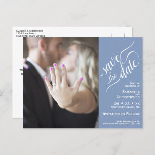 Blue Wedding Save the Date Photo & Calligraphy Announcement Postcard