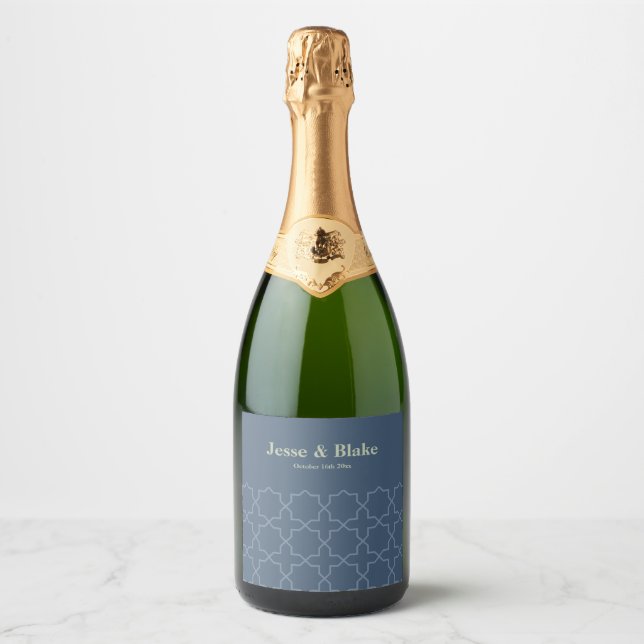 Blue Wedding with Latticework Pattern Sparkling Wine Label (Front)