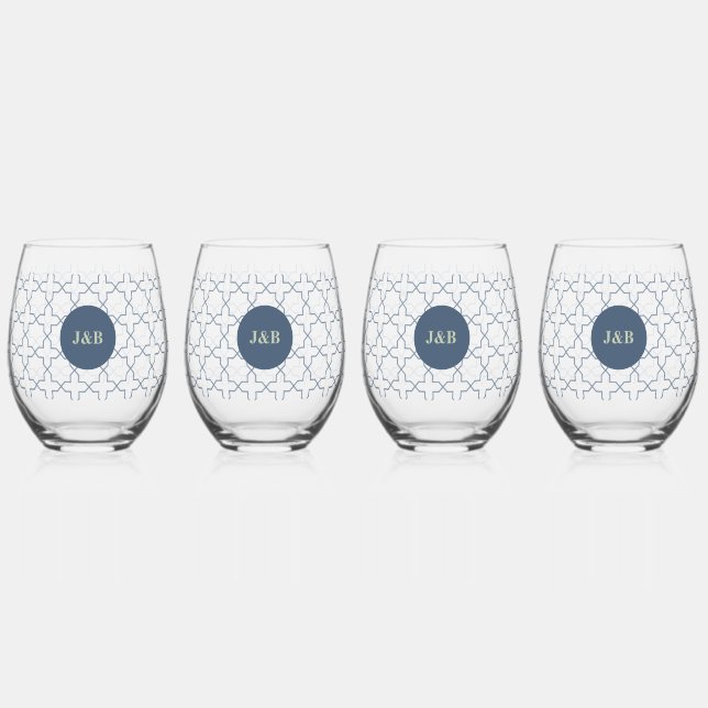 Blue Wedding with Latticework Pattern Stemless Wine Glass (Front)