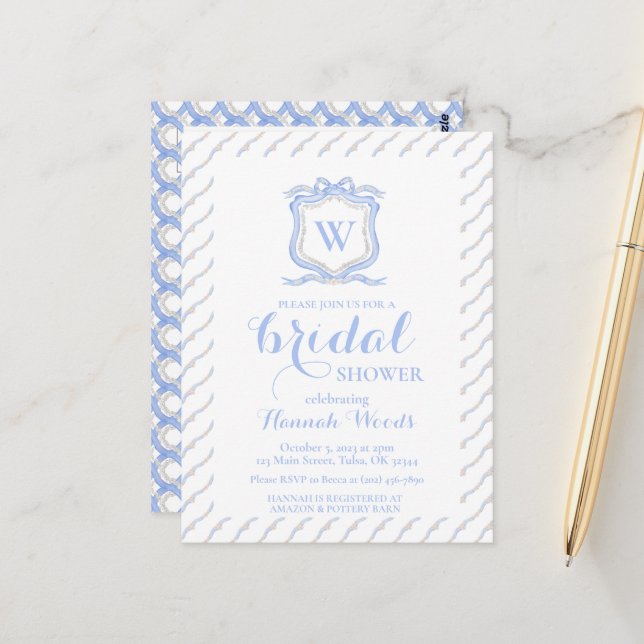 Blue Wedgwood Monogram Crest Grandmillenial Postcard (Front/Back In Situ)