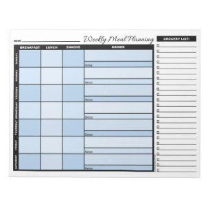 Blue Weekly Meal Planner with Grocery List Notepad