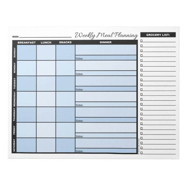Blue Weekly Meal Planner with Grocery List Notepad (Front)