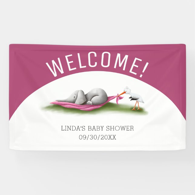 Blue Welcome Elephant Girl Baby Shower Banner (Horizontal)