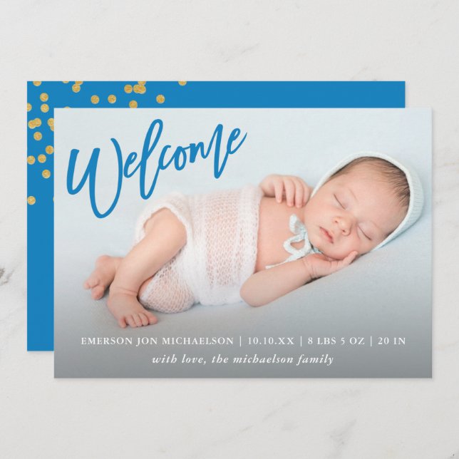 Blue Welcome Faux Gold Confetti Baby Boy Birth Announcement (Front/Back)