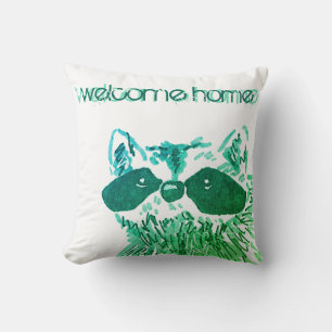 Blue Welcome Home Woodland Animal Racoon Cushion