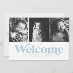 Blue welcome three photo birth announcement