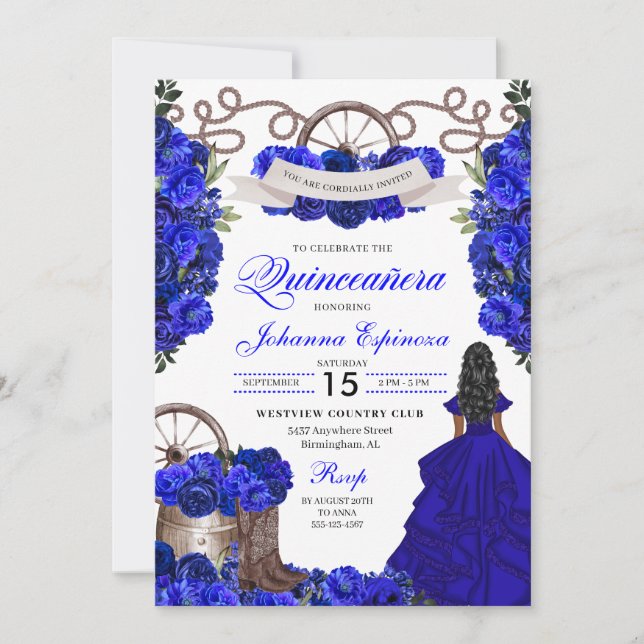 Blue Western Charra Ranchero Quinceanera Invitation (Front)
