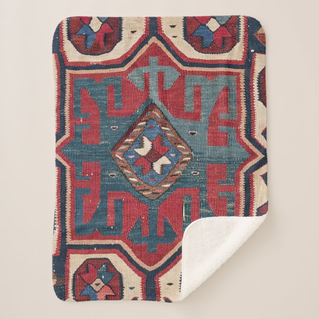 Blue Western Santa Fe Cowboy Style Ornate  Sherpa Blanket (Front)