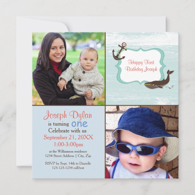 Blue Whale 2 Photo Kids - Birthday Invitation (Front)