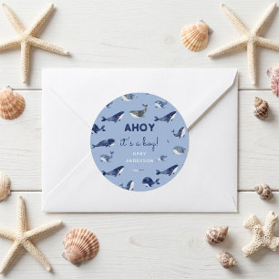 Blue Whale Ahoy It's a Boy Baby Shower Classic Round Sticker