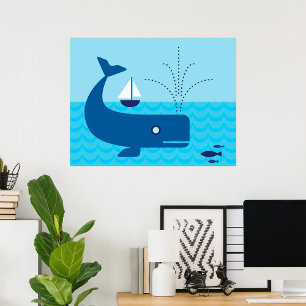 Blue Whale And Blue Sailboat Poster