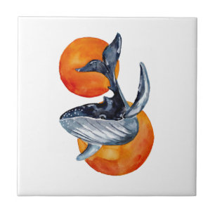 Blue Whale and Golden Balls Ceramic Tile