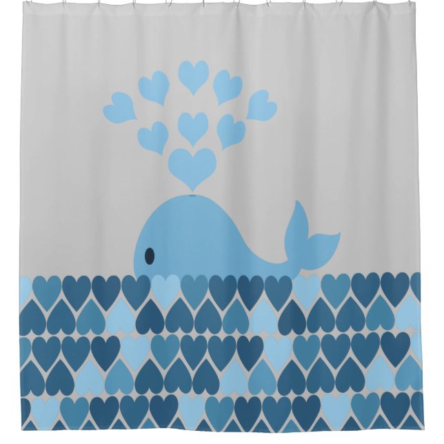 Blue Whale and Hearts Shower Curtain (Front)