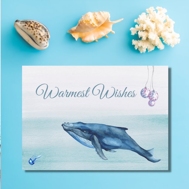Blue Whale and Jellyfish Warmest Wishes Beach Holiday Card (Creator Uploaded)