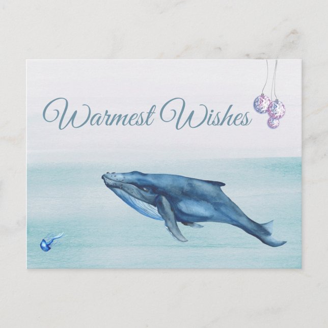 Blue Whale and Jellyfish Warmest Wishes Beach Holiday Postcard (Front)