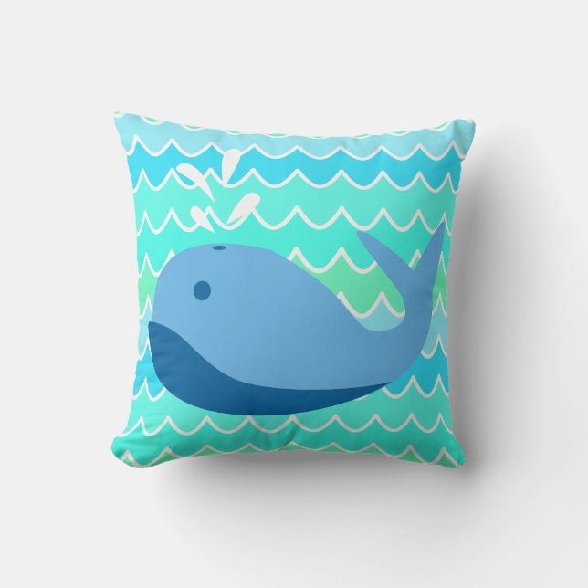 Blue Whale and Waves Throw Pillow (Front)