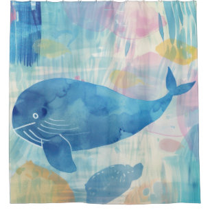 Blue whale background shower curtain