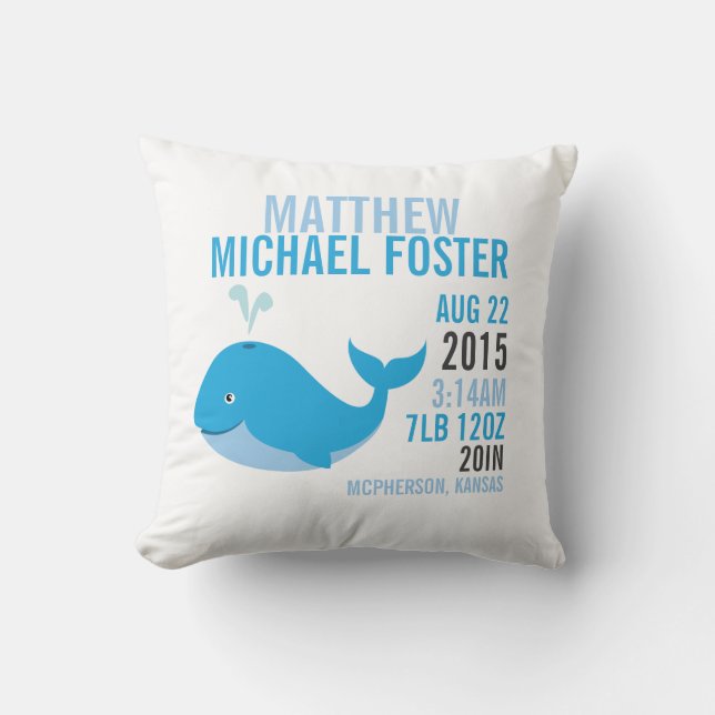 Blue Whale Birth Announcement Nursery Pillow (Front)