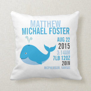 Blue Whale Birth Announcement Nursery Pillow