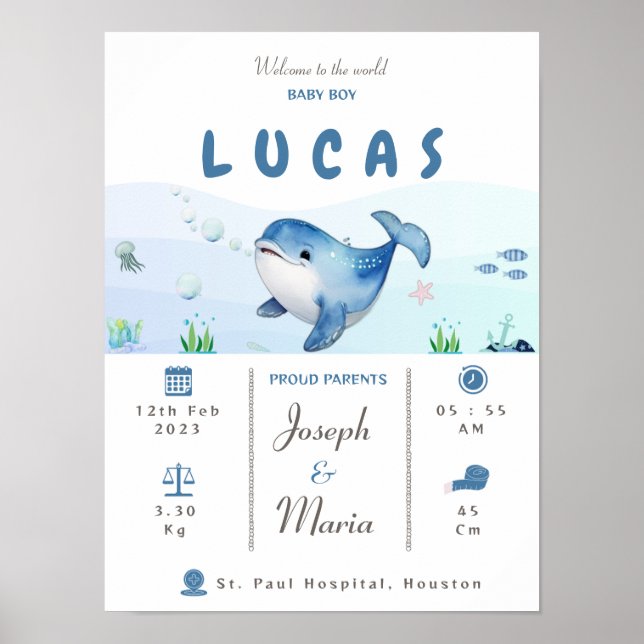 Blue whale Birth Stats Keepsake Nursery poster (Front)