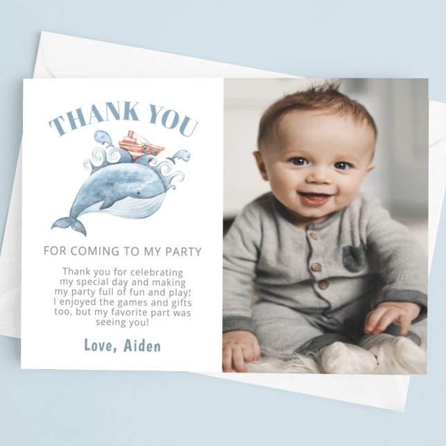 Blue Whale Boy Birthday Photo Thank You Card (Creator Uploaded)