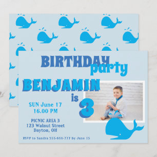 Blue Whale Boys Photo Birthday Party Invitation