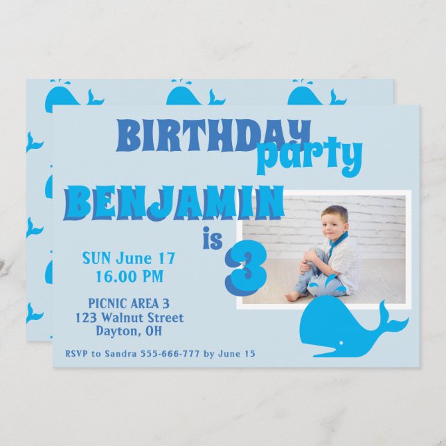 Blue Whale Boys Photo Birthday Party Invitation (Front/Back)