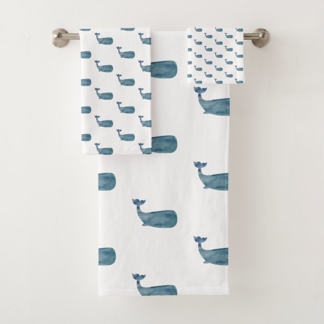 Blue Whale Coastal Beach Bath Towel Set (Insitu)